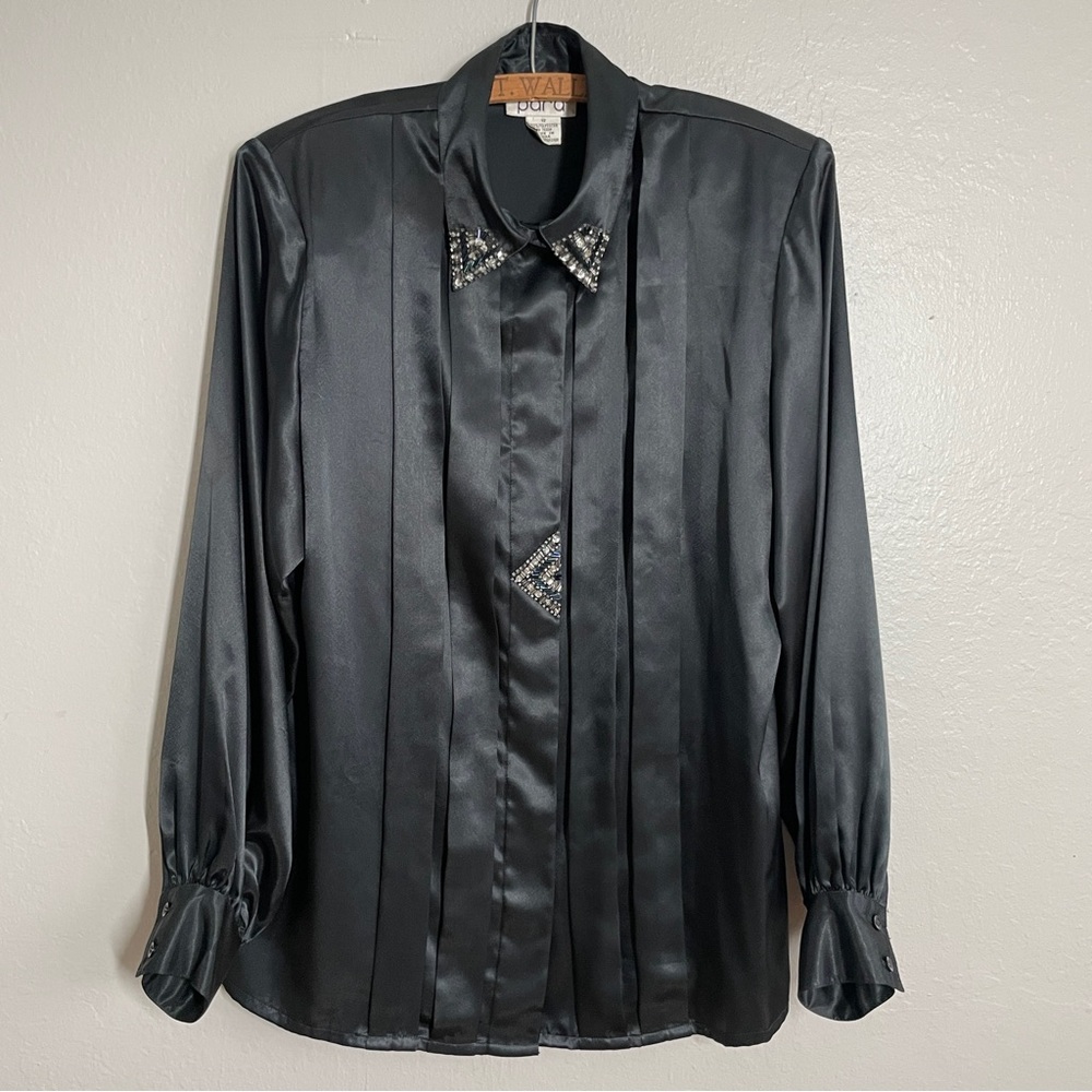 Vintage 80s PARA Black Satin Beaded Rhinestone Collar Blouse Size 12